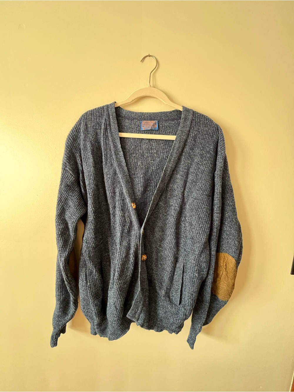 100% WOOL Pendleton - Men's Navy Blue Knit Cardigan with Elbow Patch
